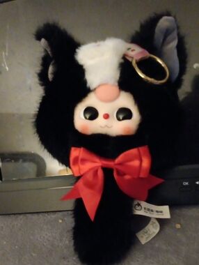 Baby Three Plush Mirror Black Bunny Keychain with Red Bow - Unbranded